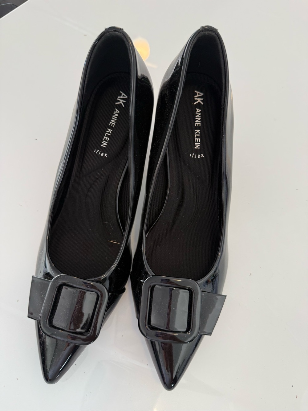 Anne Klein Black Patent Pointed Toe Flats with Buckle